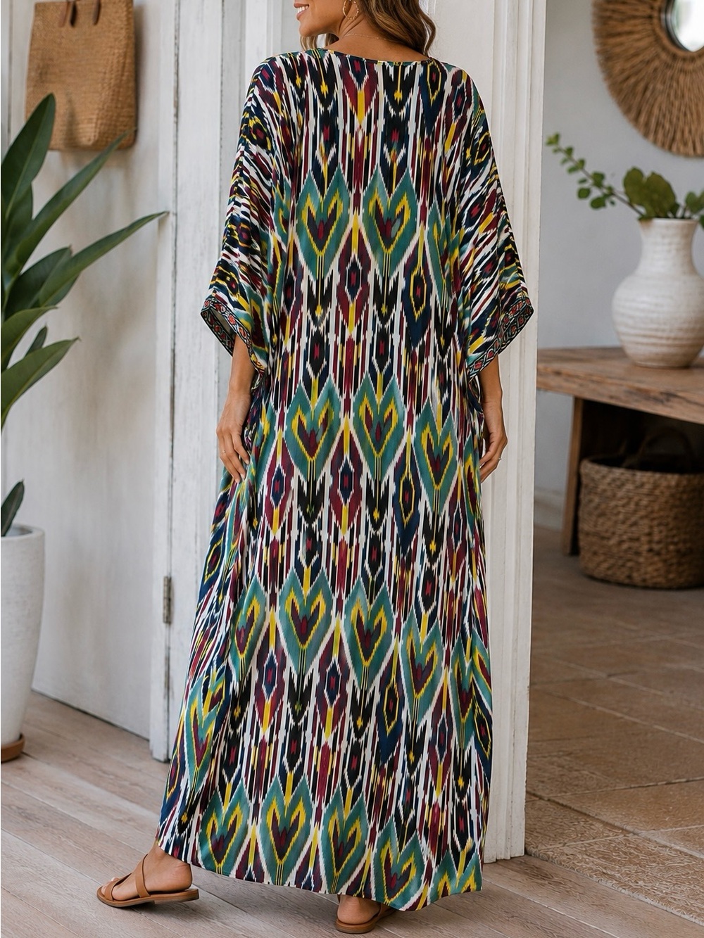 Multicolor Ikat V-Neck Women’s Maxi Dress Size L/XL - Picture 2 of 4
